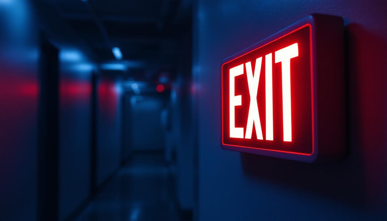A photograph of capture a photograph of a dual lite exit sign prominently displayed in a dimly lit hallway