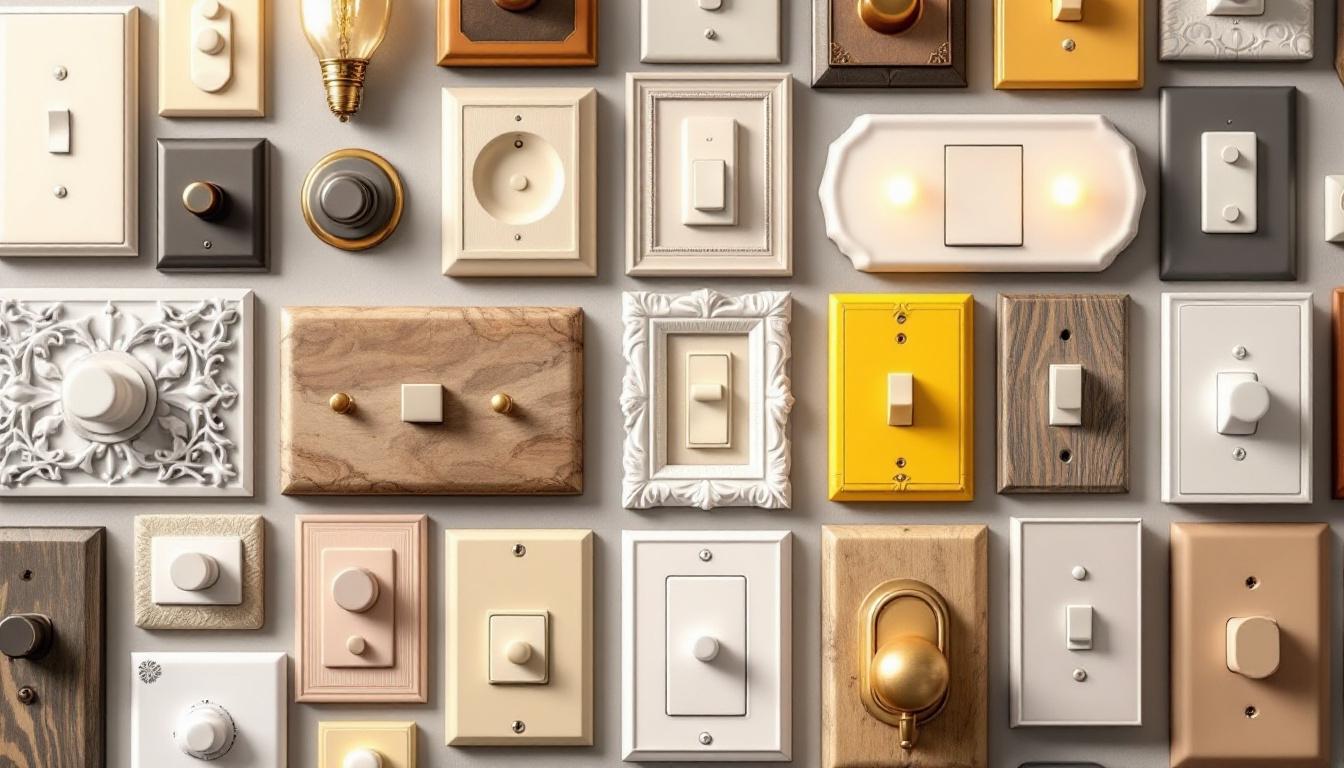 A photograph of a beautifully arranged display of various wall light switch covers in different styles