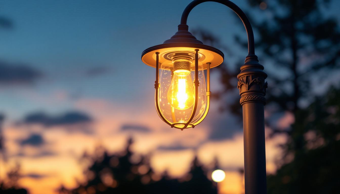 A photograph of a beautifully designed outdoor lamp mounted on a post