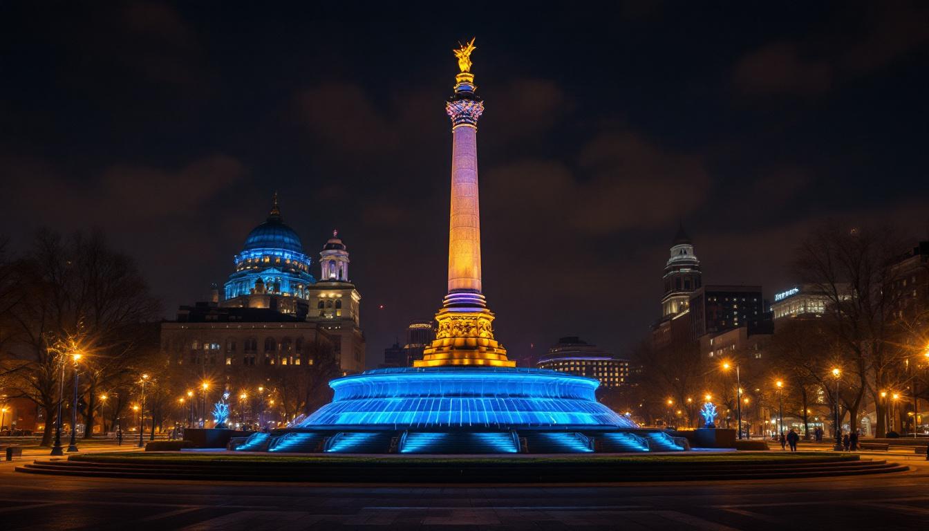 A photograph of a stunning nighttime scene of a prominent baltimore monument illuminated with creative lighting