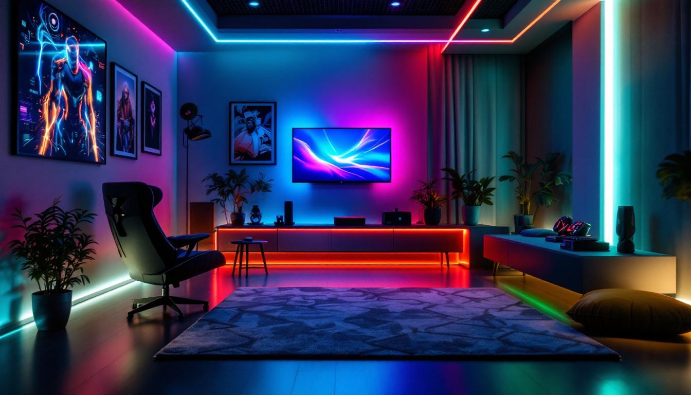 A photograph of a stylish game room featuring vibrant led lighting that highlights the modern design elements