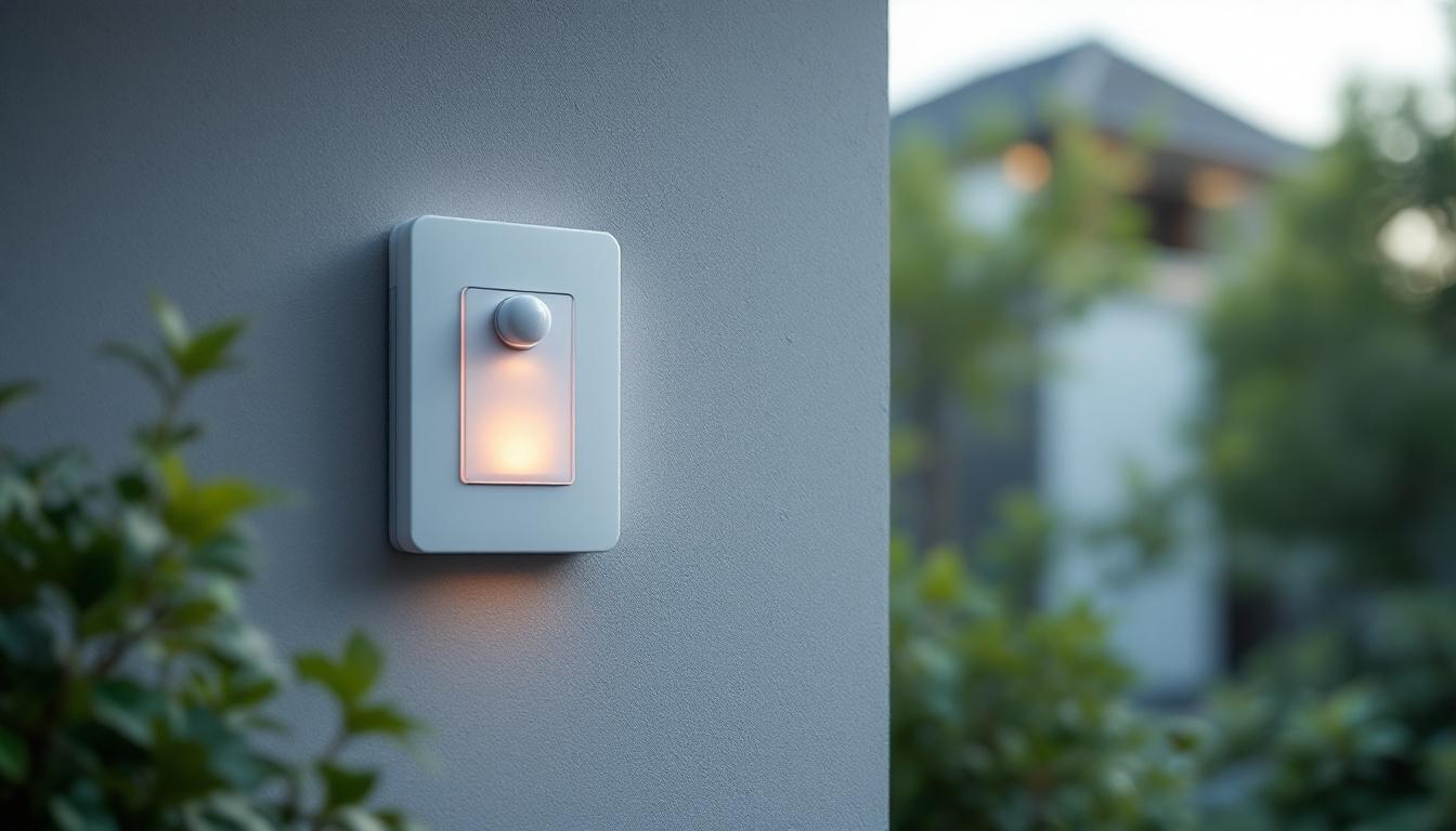 A photograph of a sleek exterior motion detector light switch installed on a home’s exterior wall