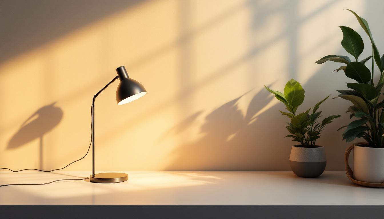 A photograph of a well-designed studio space featuring a stylish lamp that highlights the interplay of light and shadows