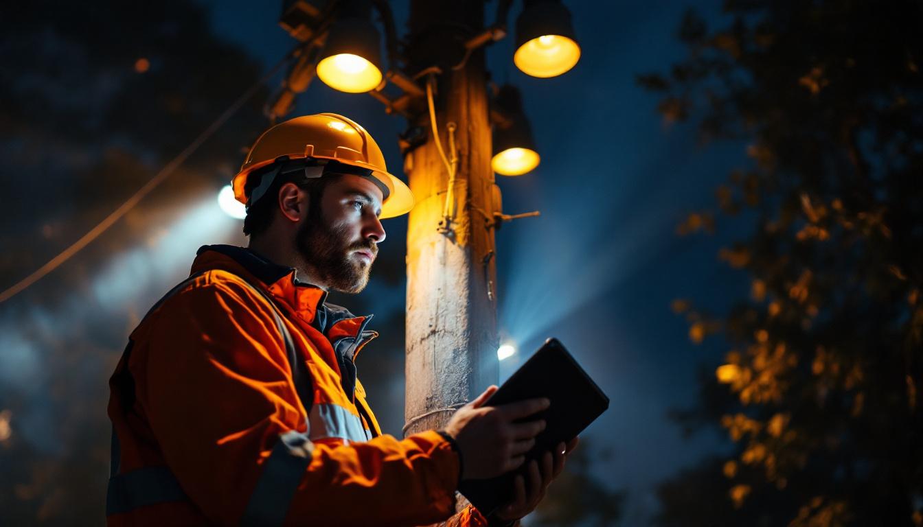A photograph of a lighting engineer inspecting a yard pole illuminated by various types of lighting fixtures