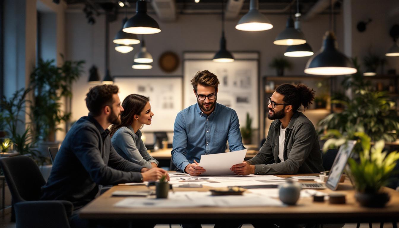 A photograph of a lighting designer collaborating with a team in a well-lit space