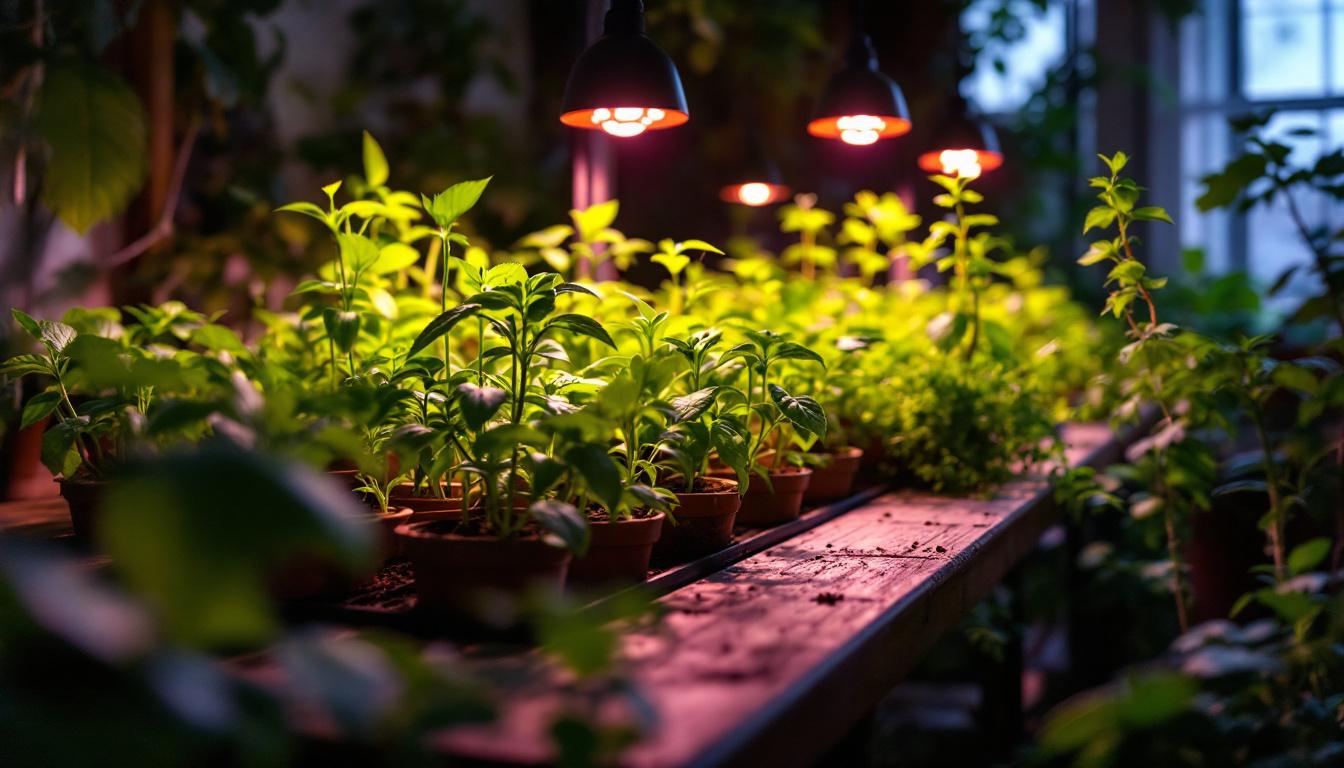 A photograph of a vibrant indoor garden illuminated by various led grow lights