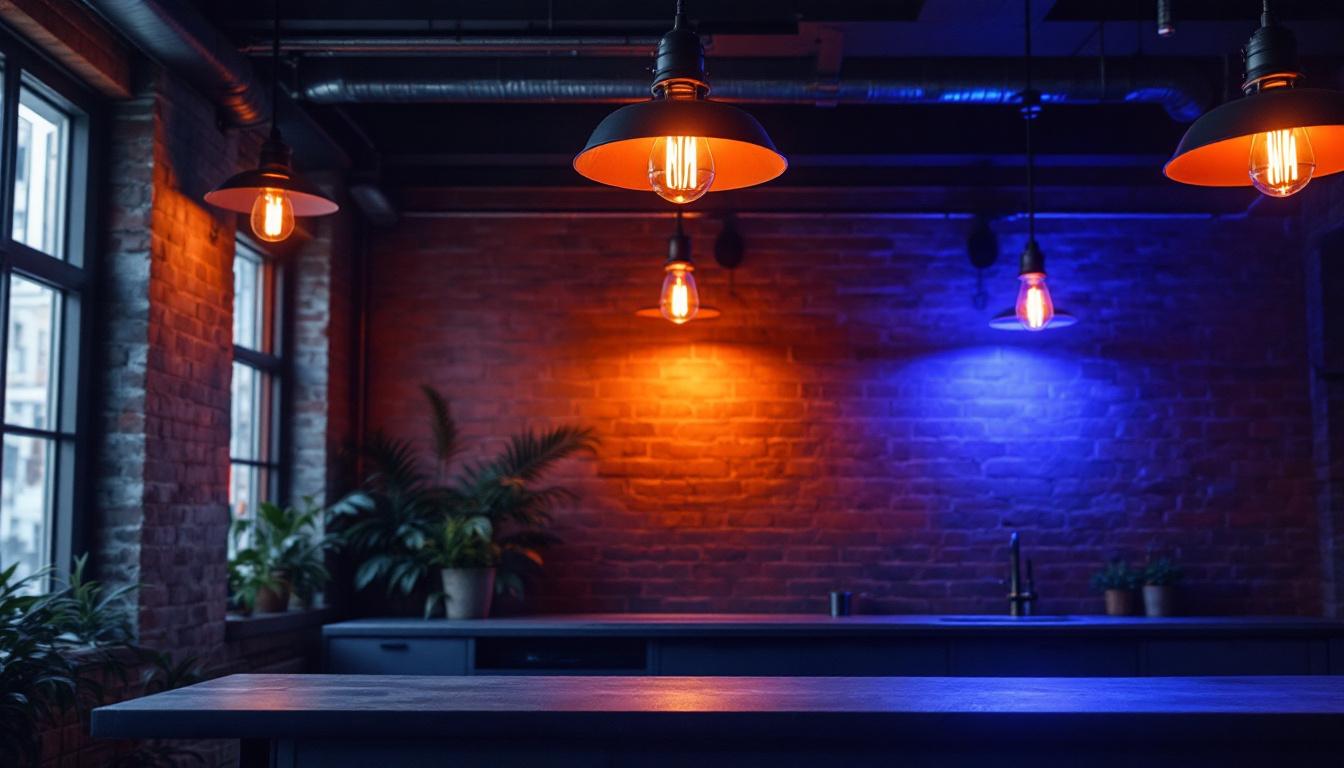 A photograph of a stylishly designed interior space featuring both industrial and commercial grid lights in use