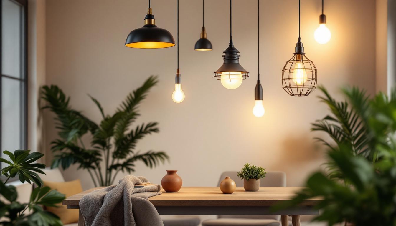 A photograph of a beautifully styled interior space featuring various pendant led lights in different designs and settings