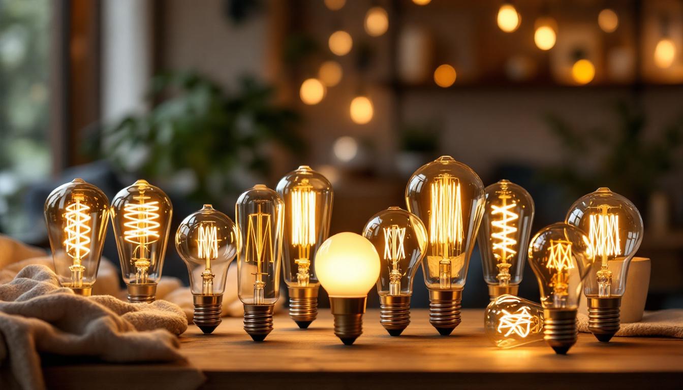 A photograph of a beautifully arranged display of various stylish light bulbs in a cozy