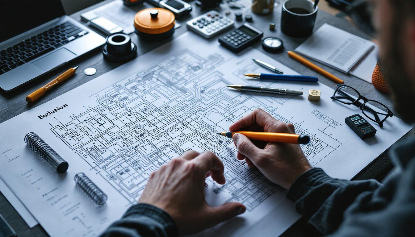 A photograph of a focused electrical engineer working on complex circuit diagrams and calculations