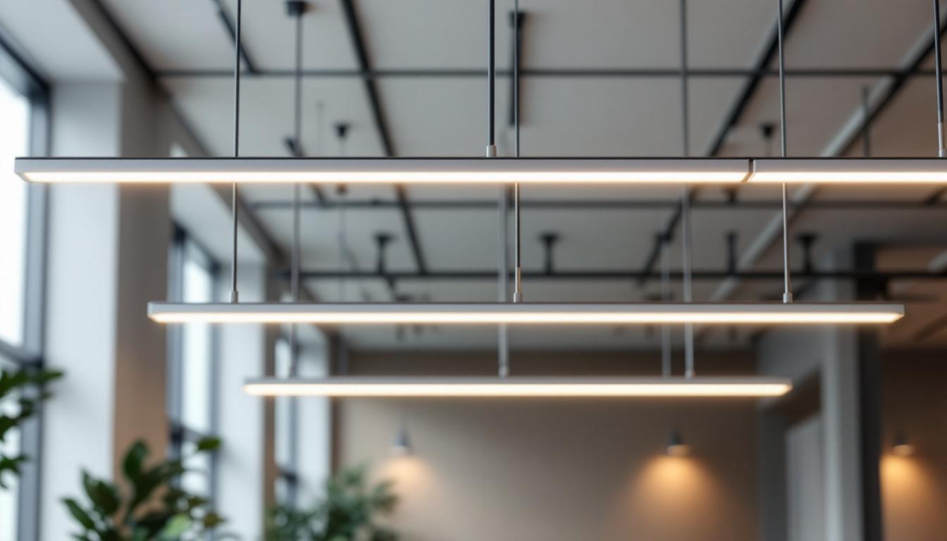 A photograph of a modern interior space featuring sleek linear suspension lighting fixtures