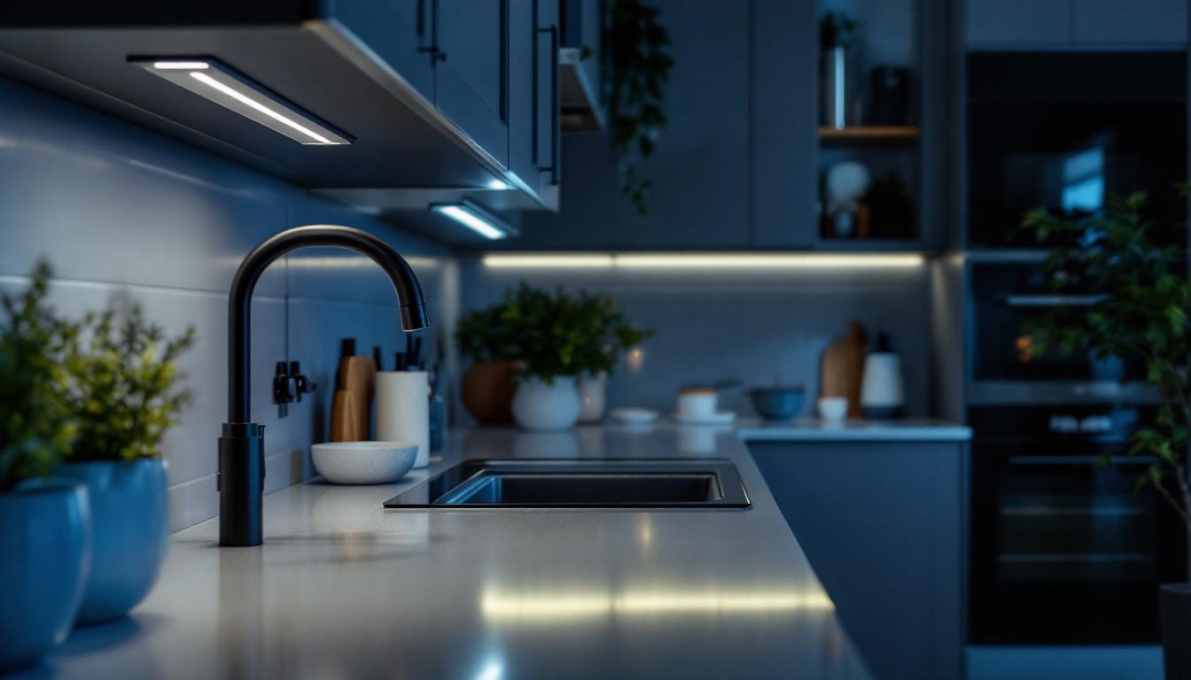 A photograph of a modern kitchen or workspace featuring led under counter lighting strips in action