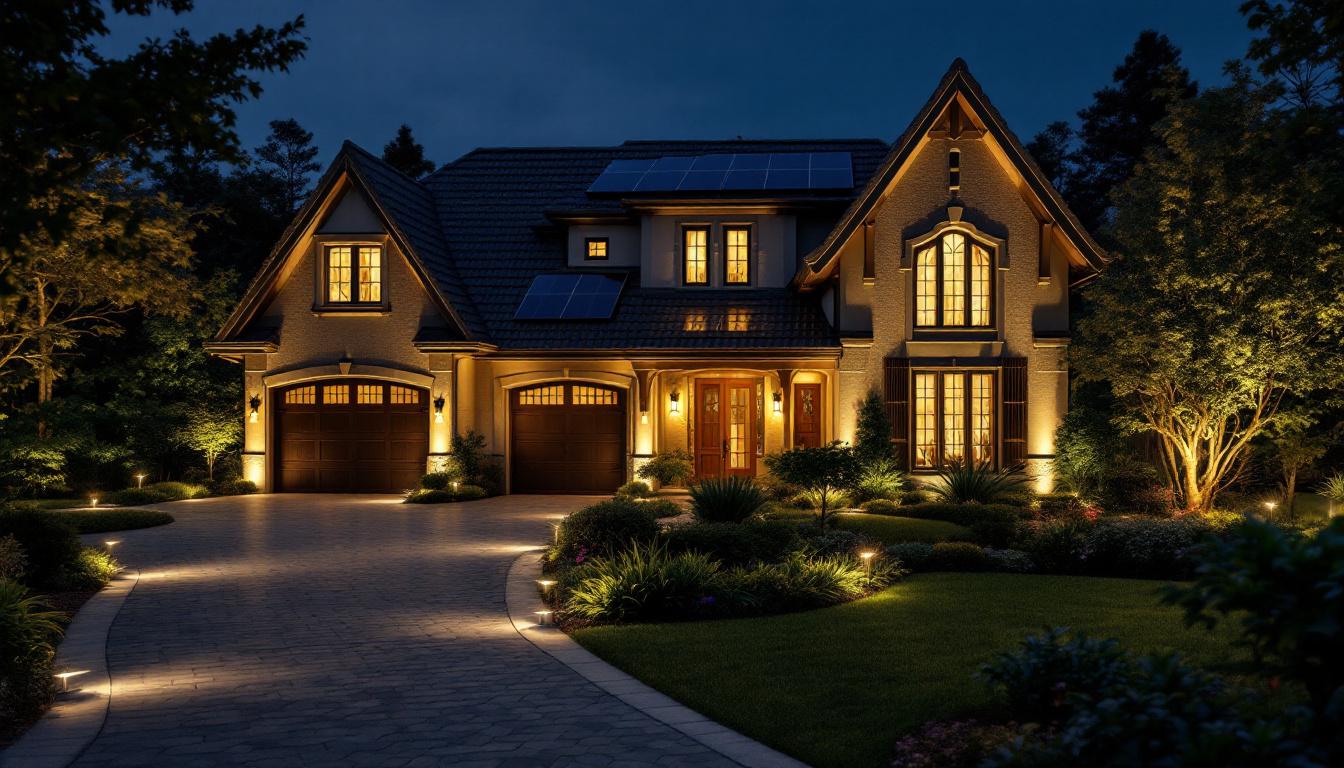 A photograph of a beautifully illuminated house exterior at night