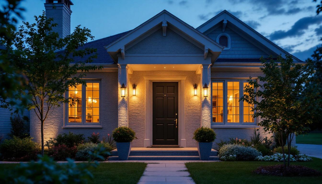 A photograph of a beautifully illuminated front door at dusk