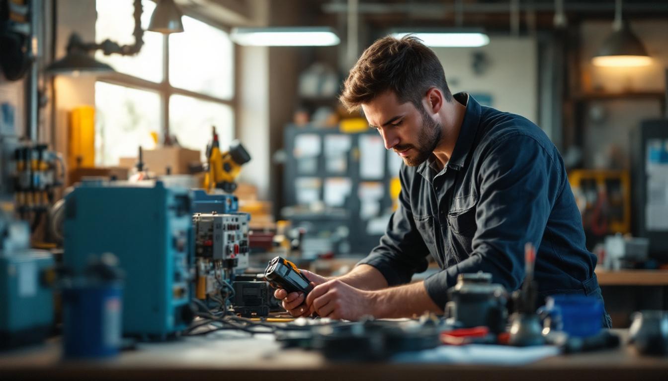 A photograph of a skilled technician performing maintenance on leviton electrical products in a well-lit