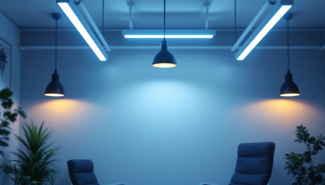 A photograph of a well-lit workspace showcasing various led fluorescent light fixtures in different placements
