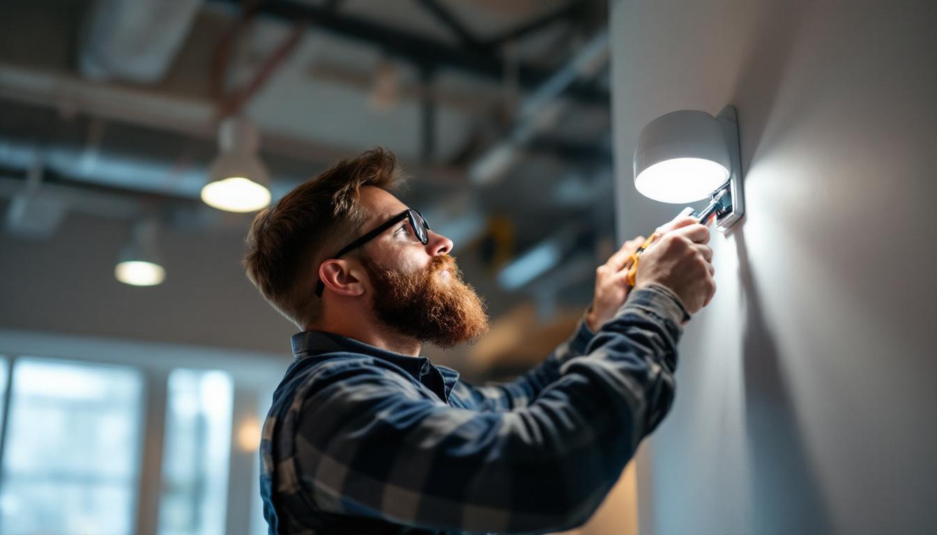 A photograph of a technician replacing a battery in an emergency light fixture