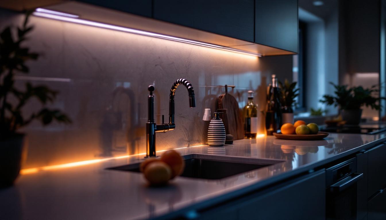 A photograph of a well-lit kitchen or living space showcasing various led counter lights in use
