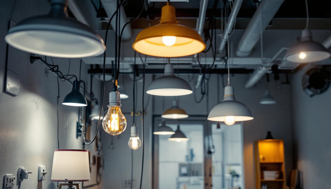 A photograph of a well-lit room showcasing various lighting fixtures
