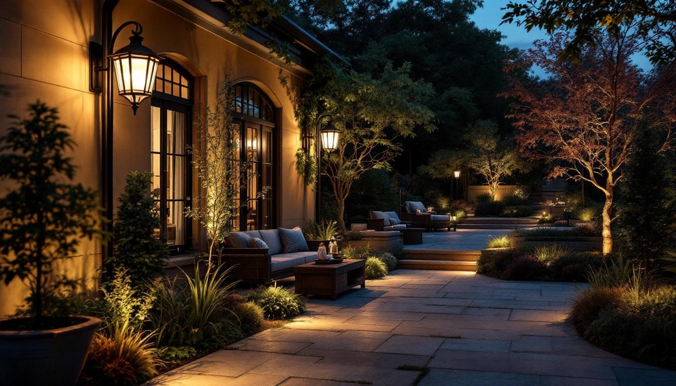 A photograph of a beautifully illuminated outdoor space featuring various types of exterior lighting fixtures