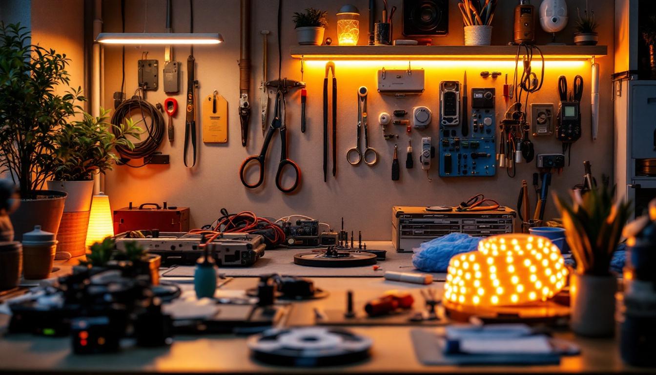 A photograph of a well-organized workspace featuring a variety of led tape kits