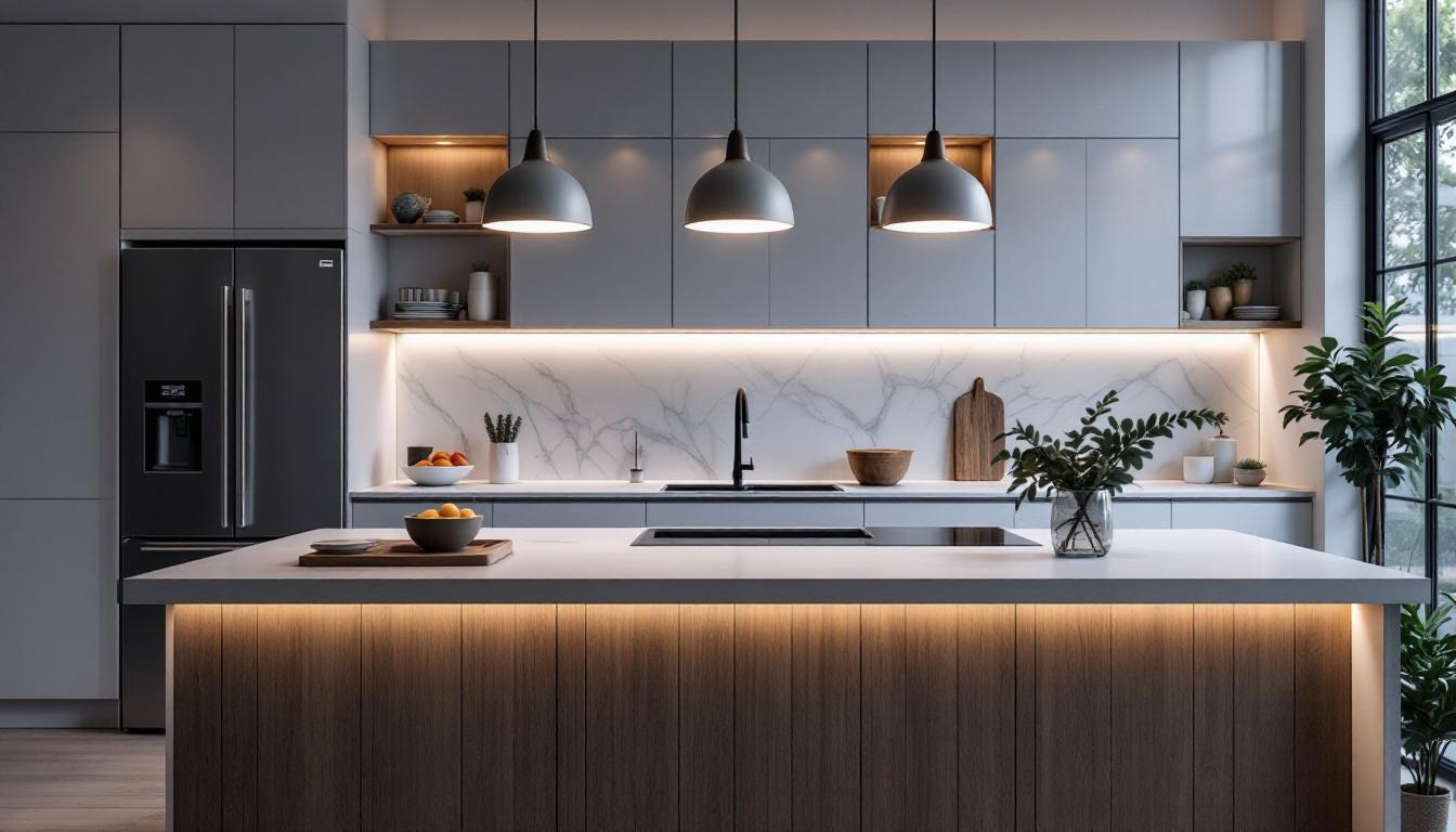 A photograph of a beautifully designed kitchen island illuminated by a variety of energy-efficient lighting options
