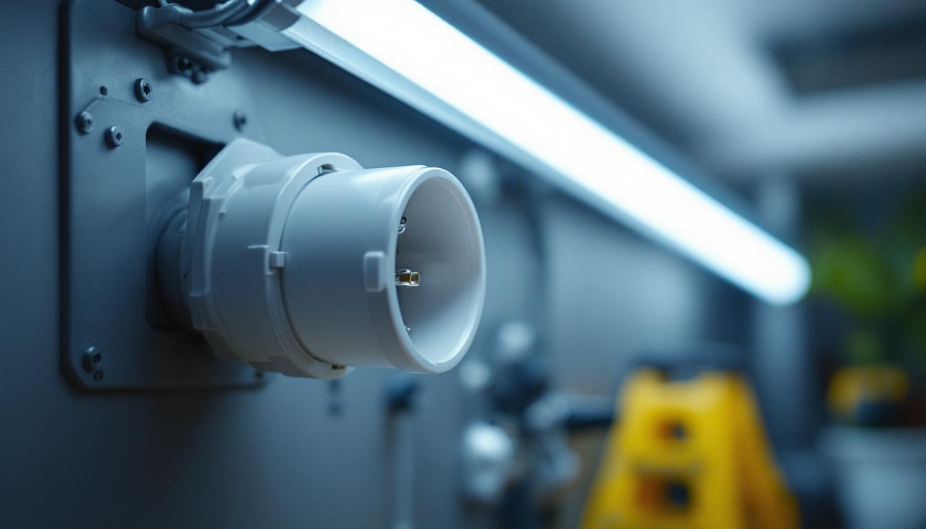 A photograph of a close-up of a fluorescent bulb socket installed in a well-lit environment