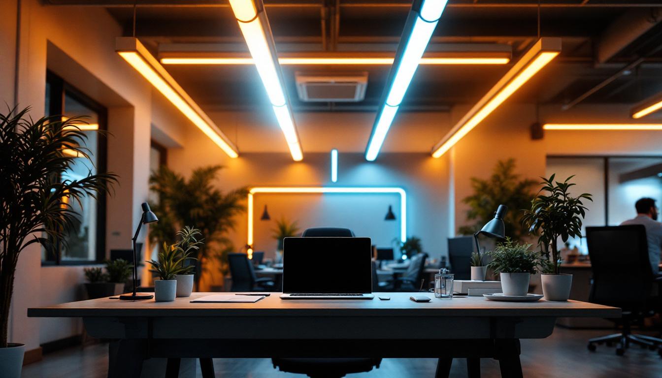 A photograph of a modern workspace illuminated by vibrant t8 fluorescent lights
