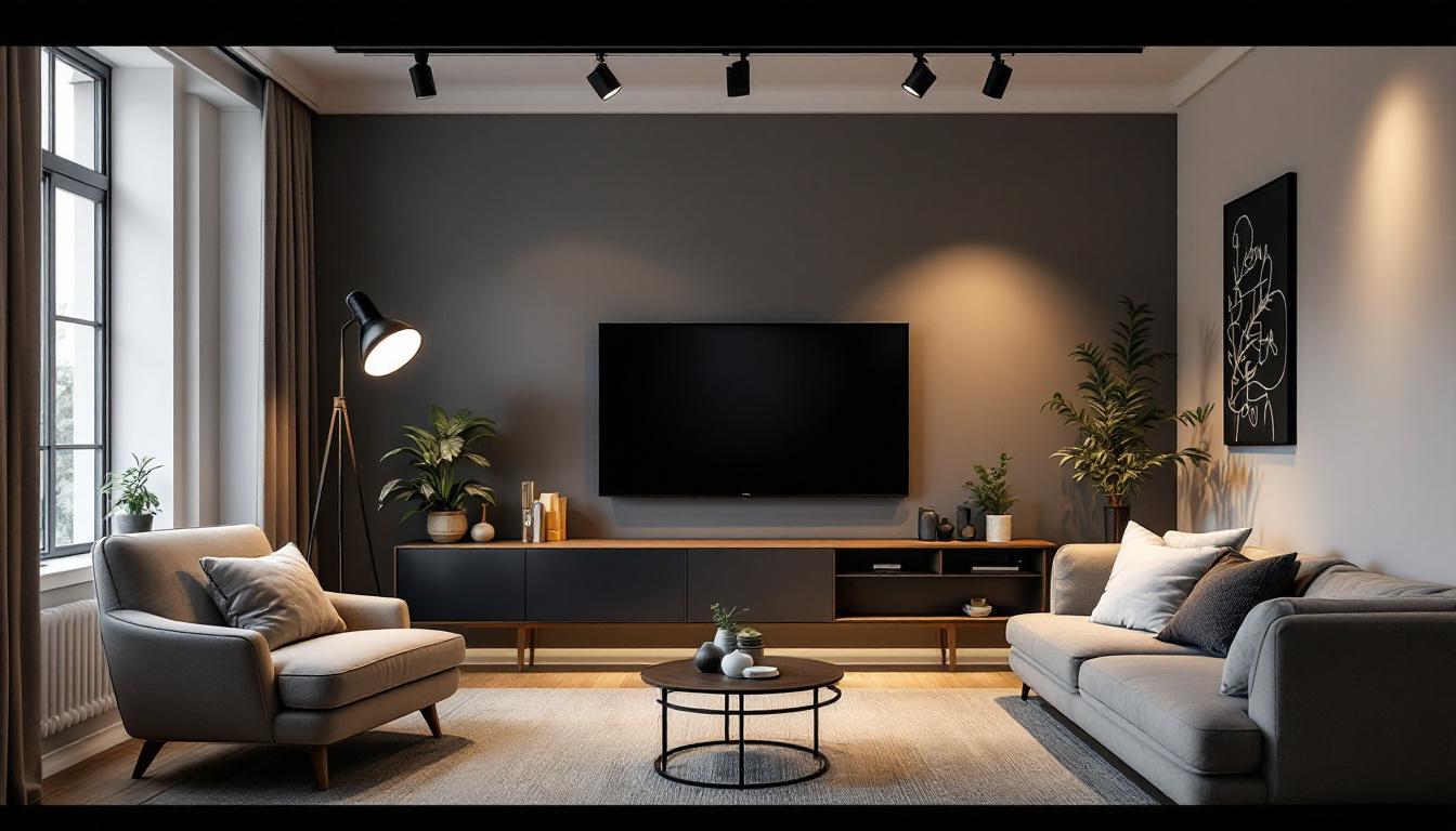 A photograph of a stylishly designed room showcasing various 8-foot track lighting options in use