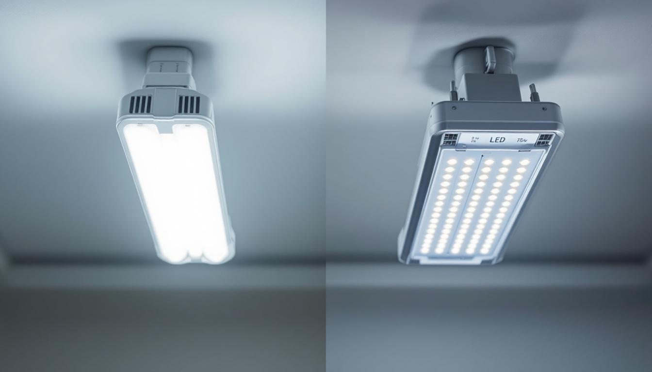 A photograph of a side-by-side comparison of a traditional fluorescent light fixture and a modern led fixture