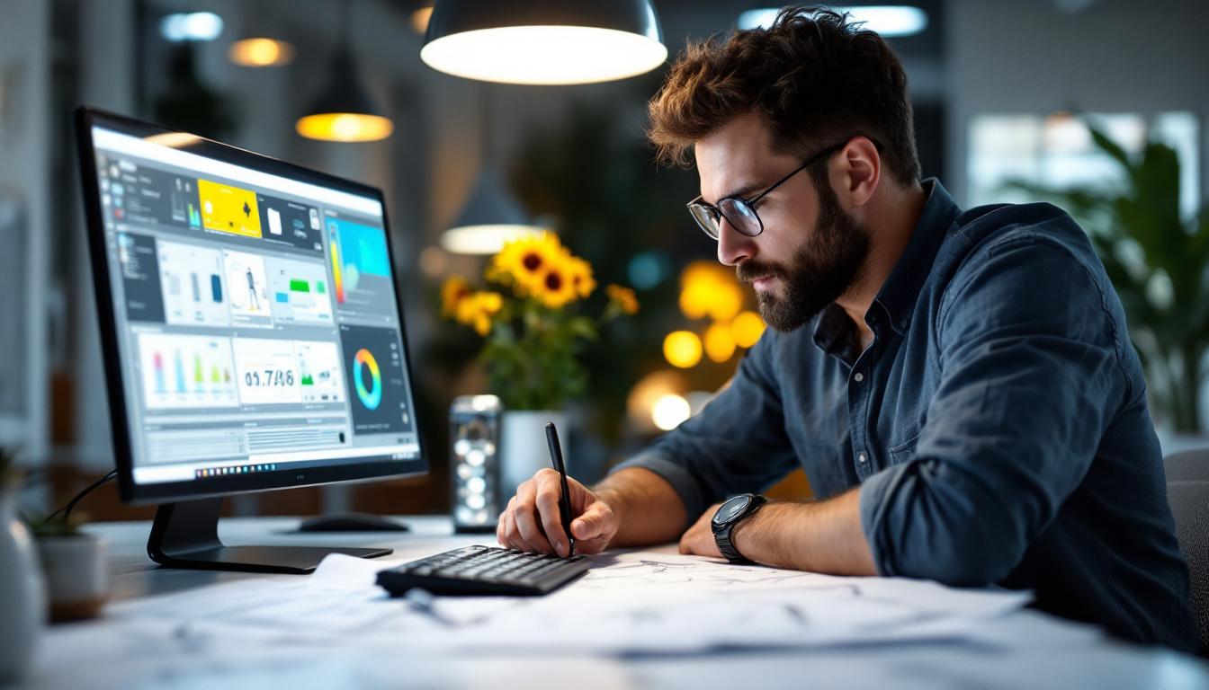 A photograph of a modern electrical engineer working intently on a lighting design project
