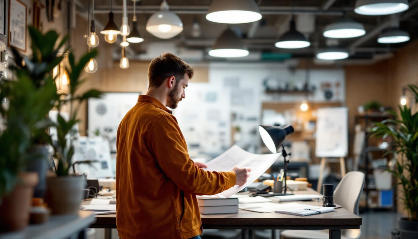 A photograph of a well-lit workspace featuring an engineer reviewing lighting designs and plans