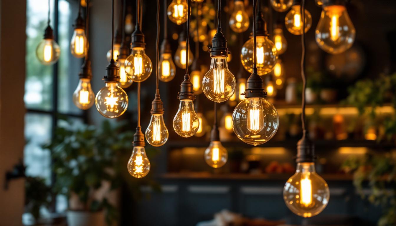 A photograph of a beautifully arranged display of various hanging lights in a stylish interior setting