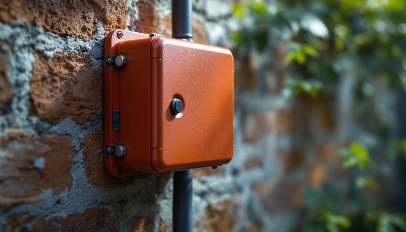 A photograph of a weatherproof wall mount box installed in an outdoor setting