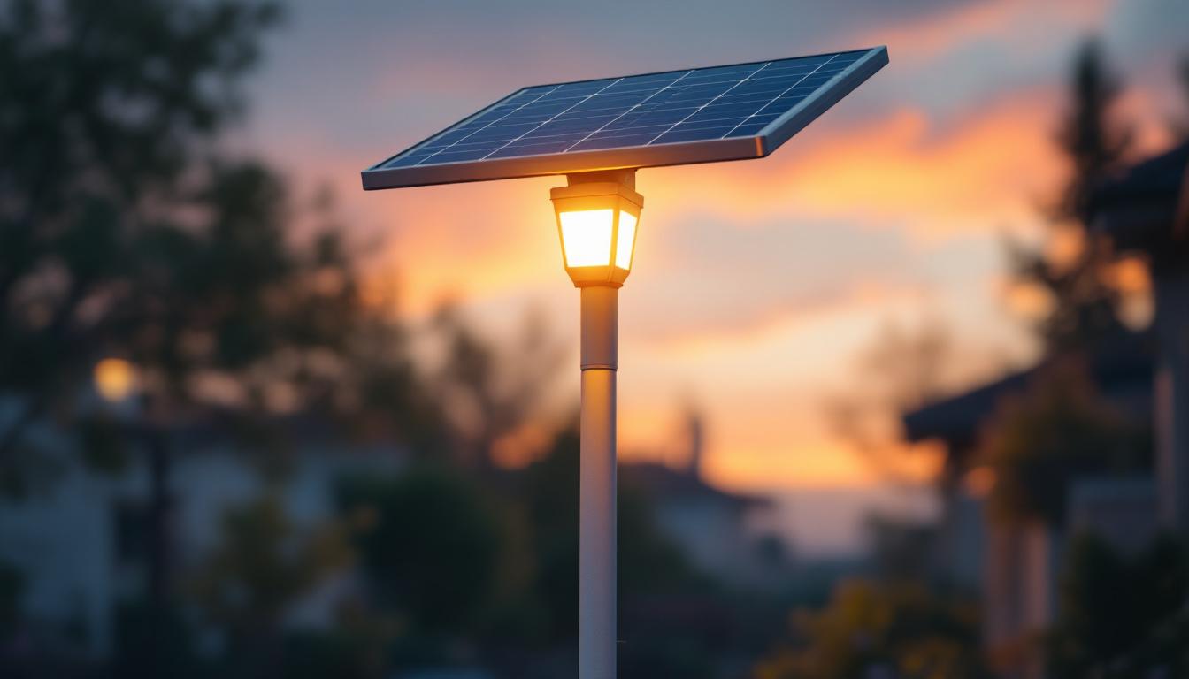A photograph of a solar panel light pole installed in an outdoor setting
