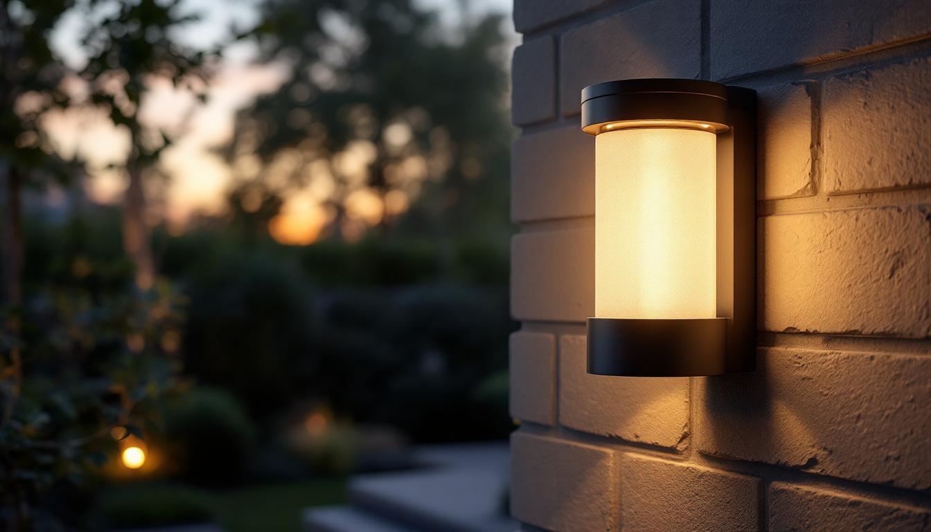 A photograph of a beautifully designed exterior canister light installed in a modern outdoor setting