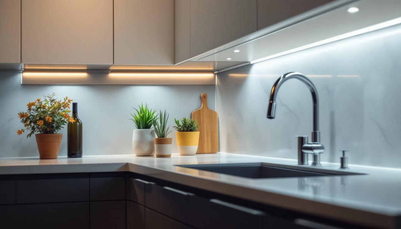A photograph of a beautifully designed kitchen featuring under cabinet lighting that highlights the countertops and creates a warm