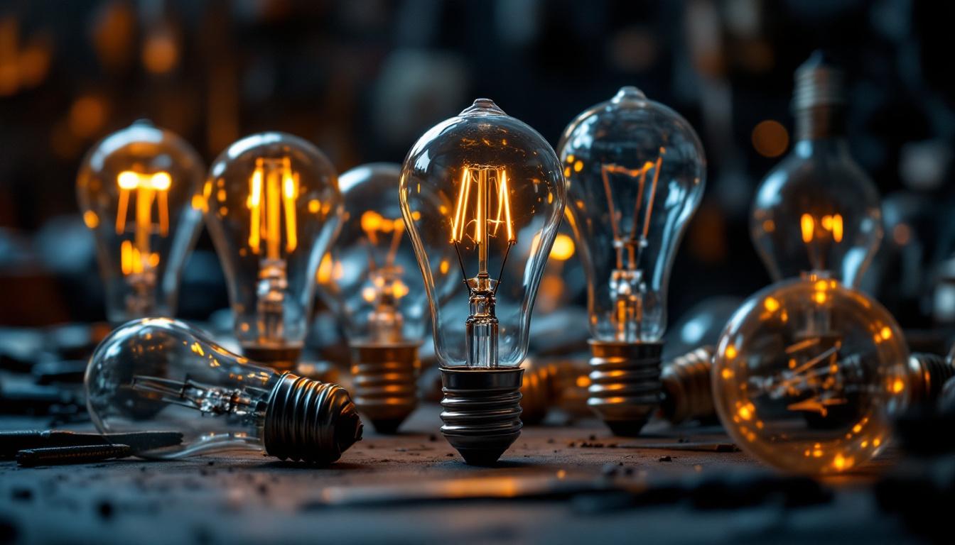 A photograph of a close-up of a variety of light bulbs
