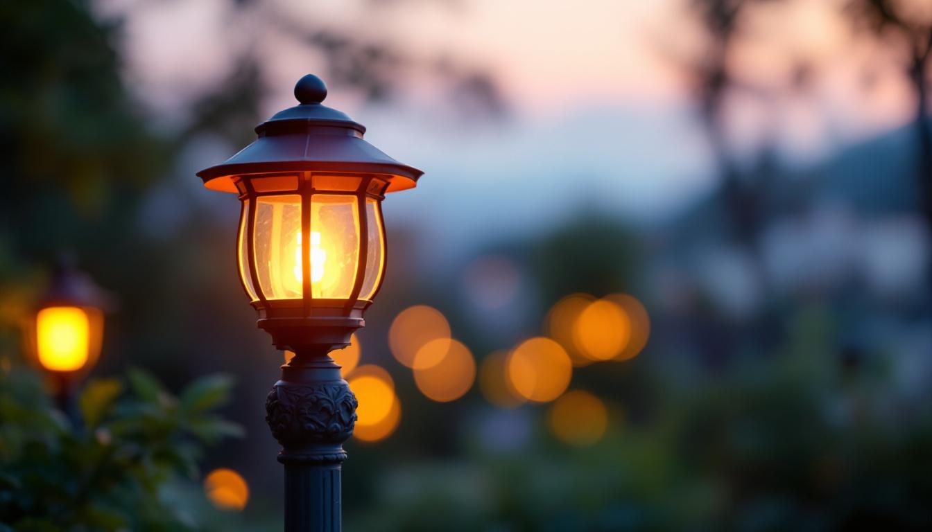 A photograph of a beautifully illuminated solar lantern mounted on a decorative post in a serene outdoor setting