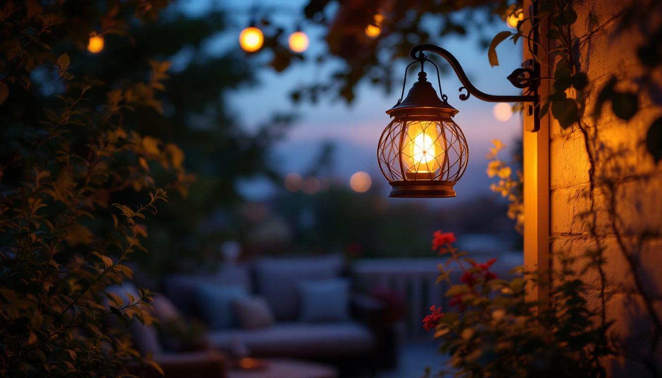 A photograph of a beautifully designed exterior hanging lantern light illuminating a cozy outdoor space at dusk