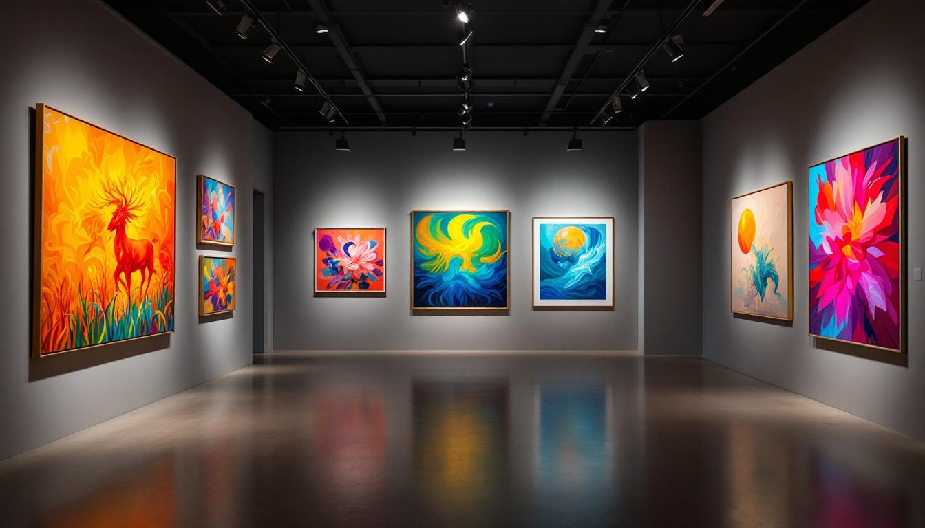 A photograph of a spacious art gallery featuring a variety of artworks illuminated by strategically placed track lighting