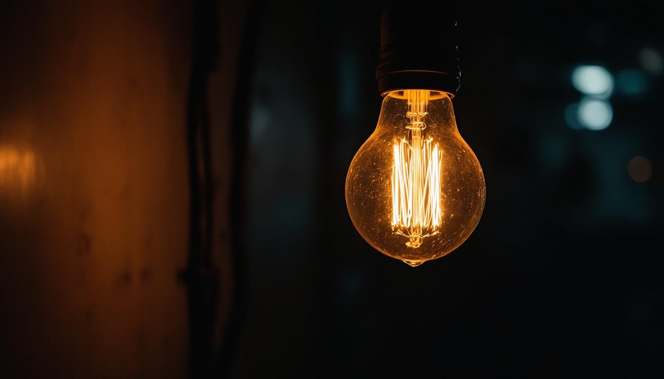 A photograph of a vintage light bulb glowing warmly in a dimly lit setting