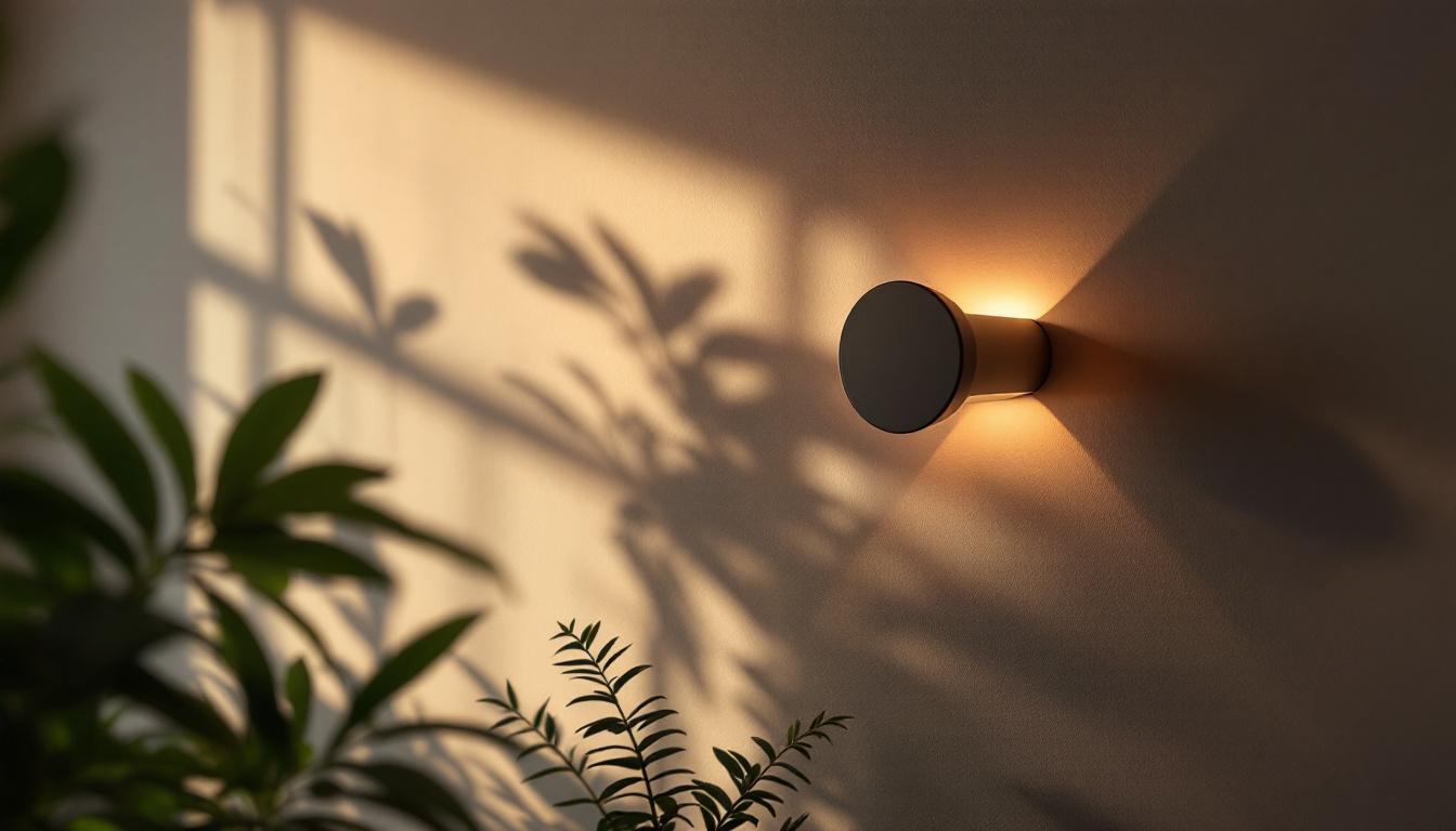 A photograph of a stylishly designed wall sconce illuminating a cozy interior space