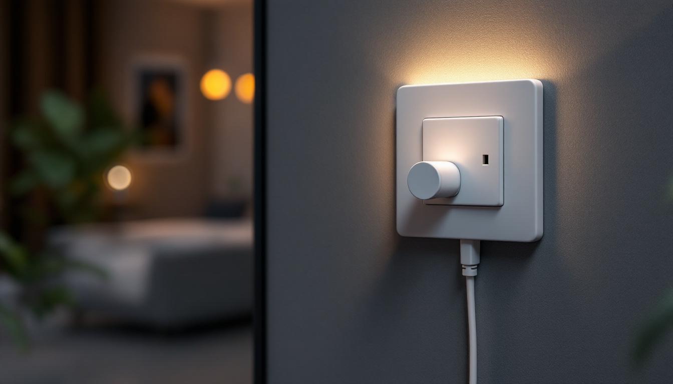 A photograph of a stylishly designed light switch with an integrated plug