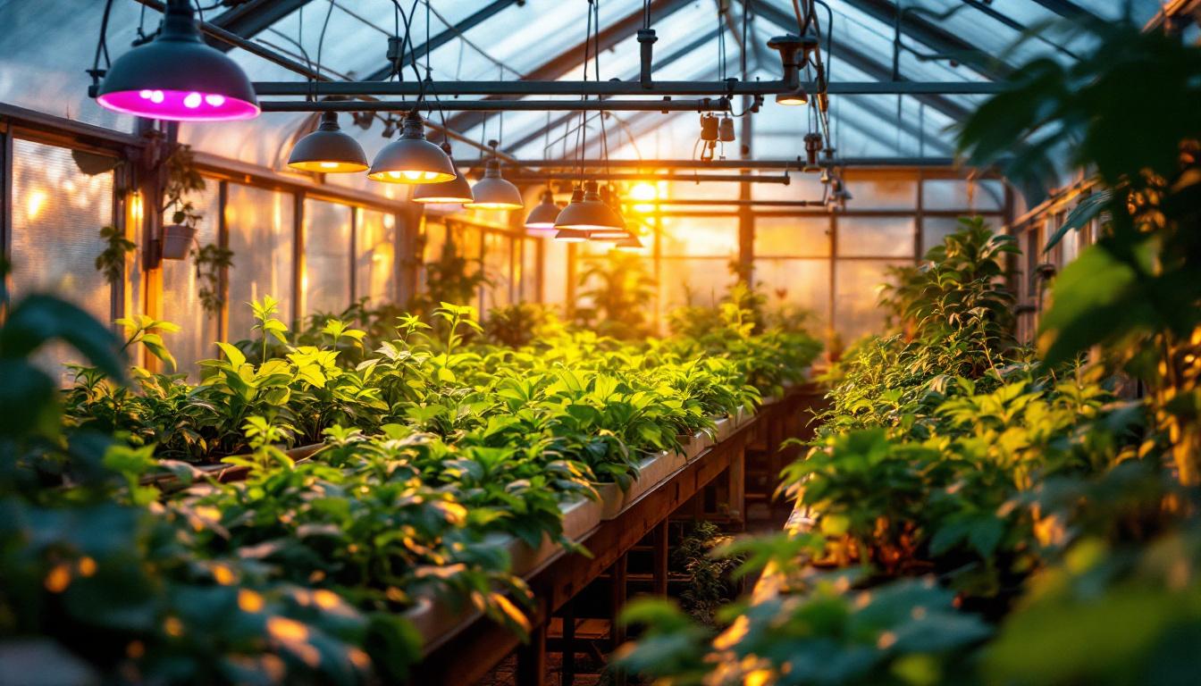 A photograph of a well-lit greenhouse interior showcasing a variety of plants under different types of grow lights