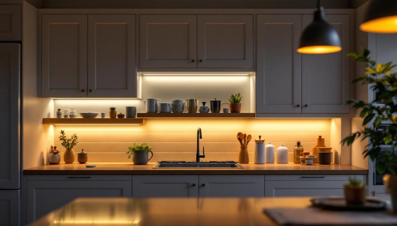 A photograph of a well-lit kitchen showcasing under cabinet lights in action