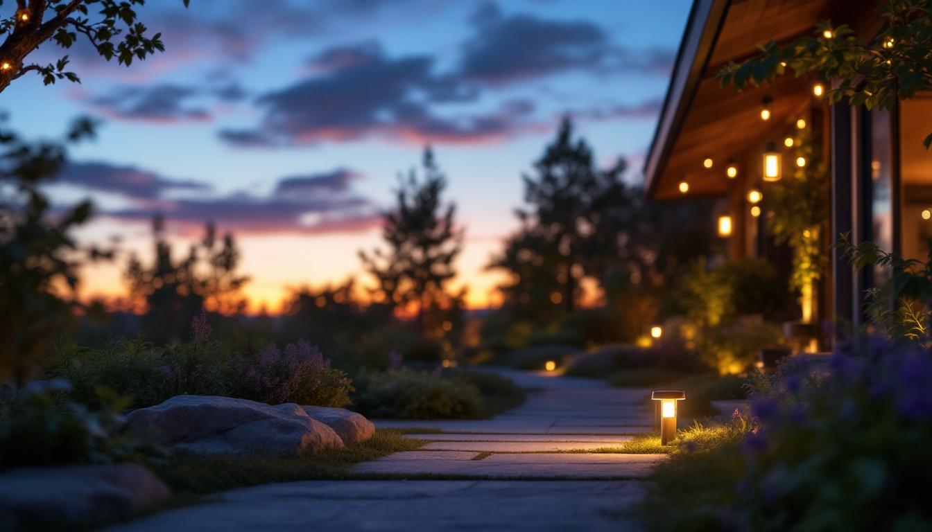 A photograph of a beautifully illuminated outdoor space featuring solar-powered waterproof lights