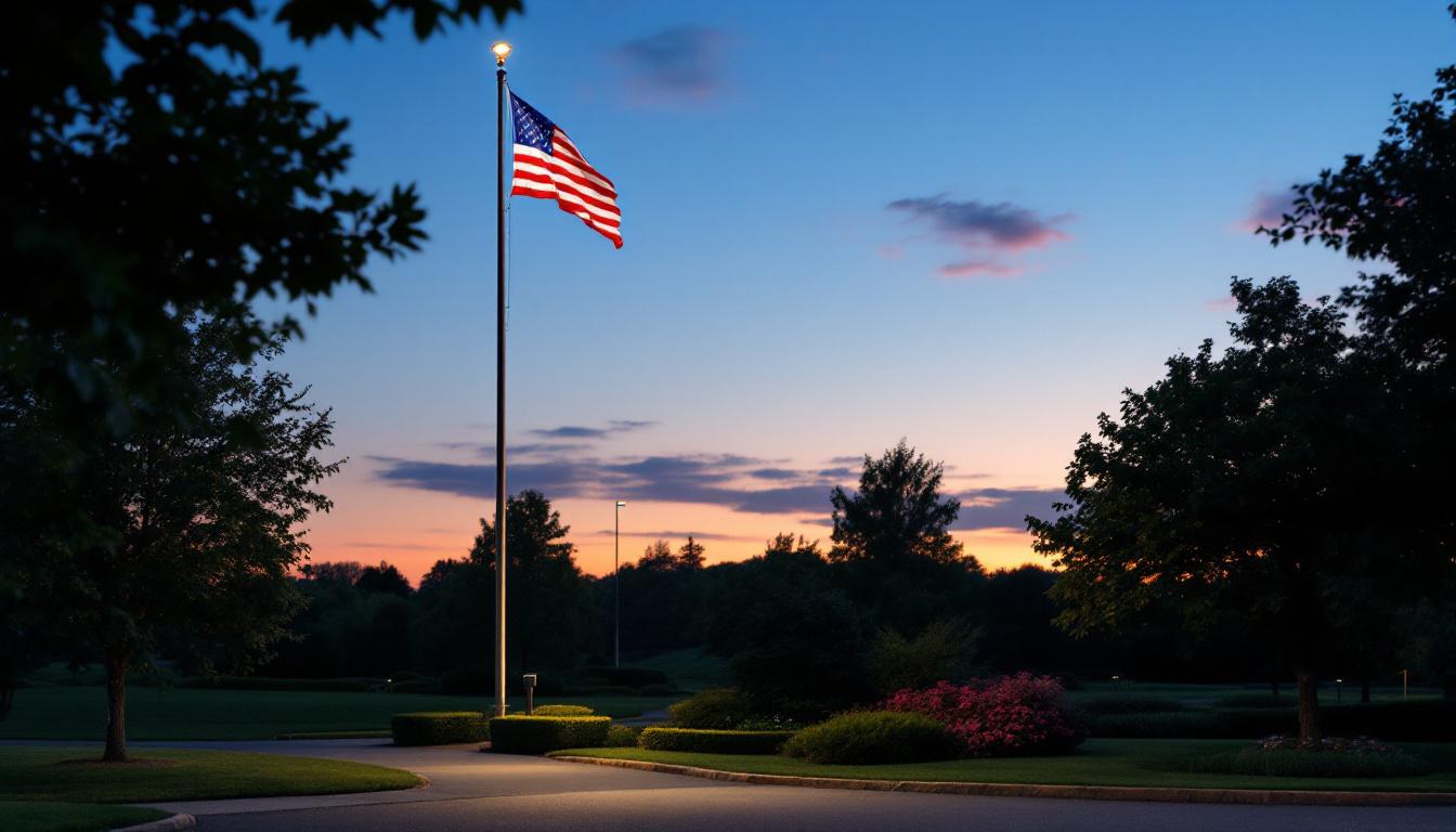 A photograph of a well-lit flagpole at dusk