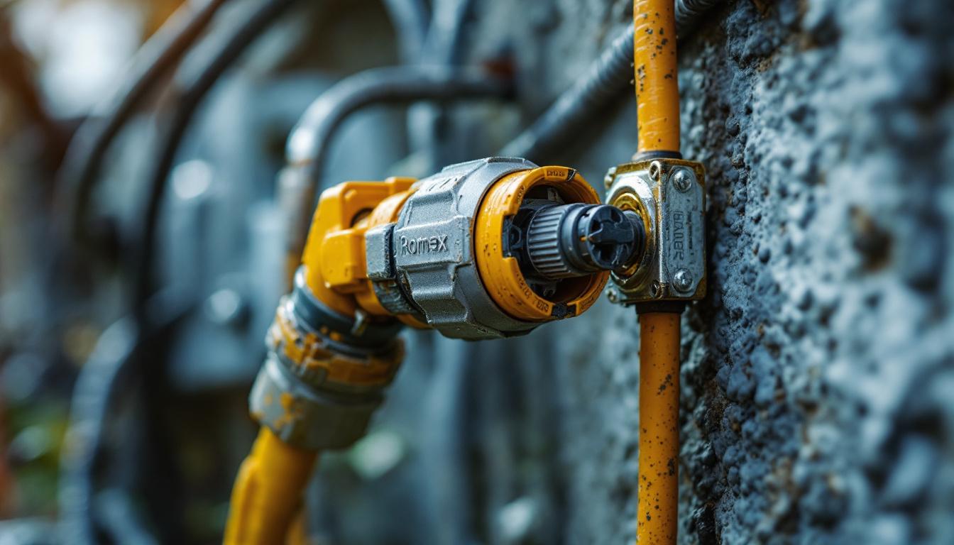 A photograph of a weatherproof romex connector installed in an outdoor electrical setup