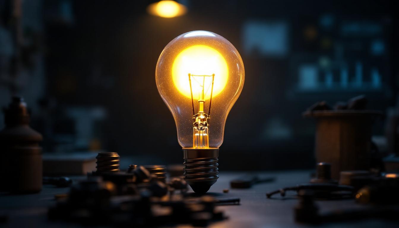 A photograph of a large led bulb illuminated in a dark environment